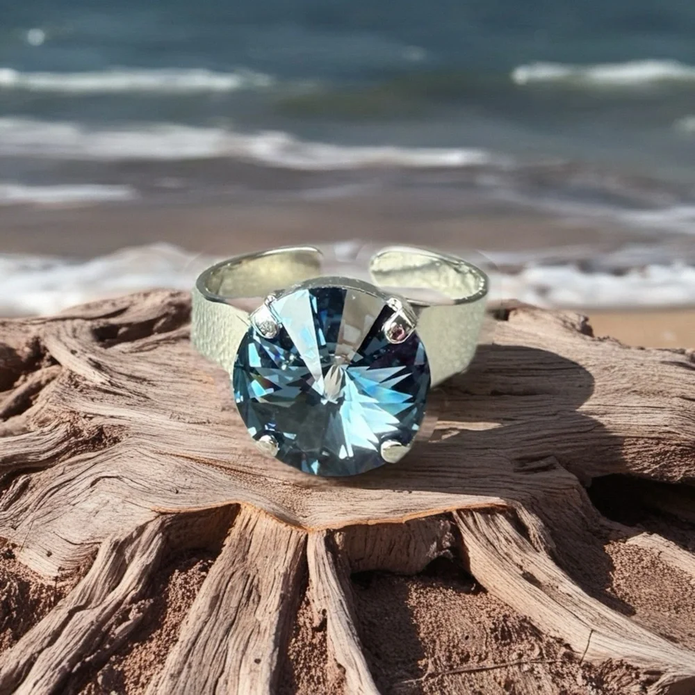 Handcrafted ring made with Swarovski denim blue crystal adjustable fit